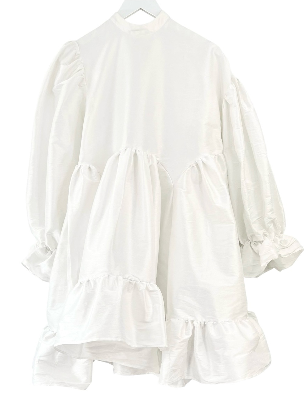 NWT ZVOLI White Mock Neck Bishop Sleeve Asymmetrical Oversized Mini Baby Dress